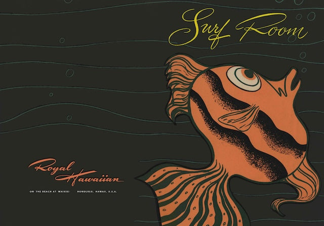 Surf Room cocktail menu cover featuring black background and bright orange fish. Royal Hawaiian logo on left lower side.