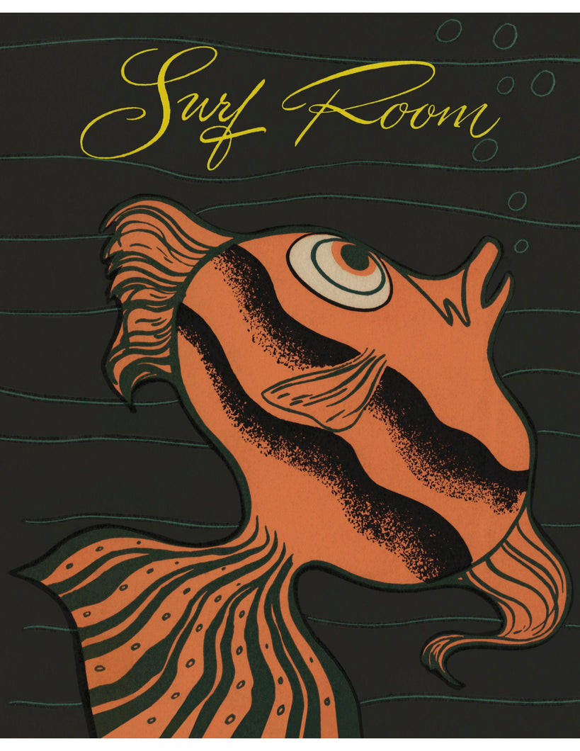 Bold graphic illustration of an orange tropical fish with black stripes set against a black background. 