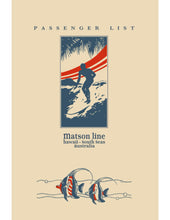 Load image into Gallery viewer, Passegner list cover from Matson Line featuring a cream background with red and blue graphics of a silhouette of a surfer riding a wave on a board and two red and blue illustrated fish with arched fins as the bottom. 