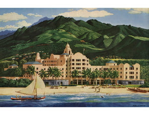 Colorful illustration of the Royal Hawaiian Hotel situated on Waikiki Beach with lush green mountain ranges in the background and canoe with sails in the ocean foreground. 