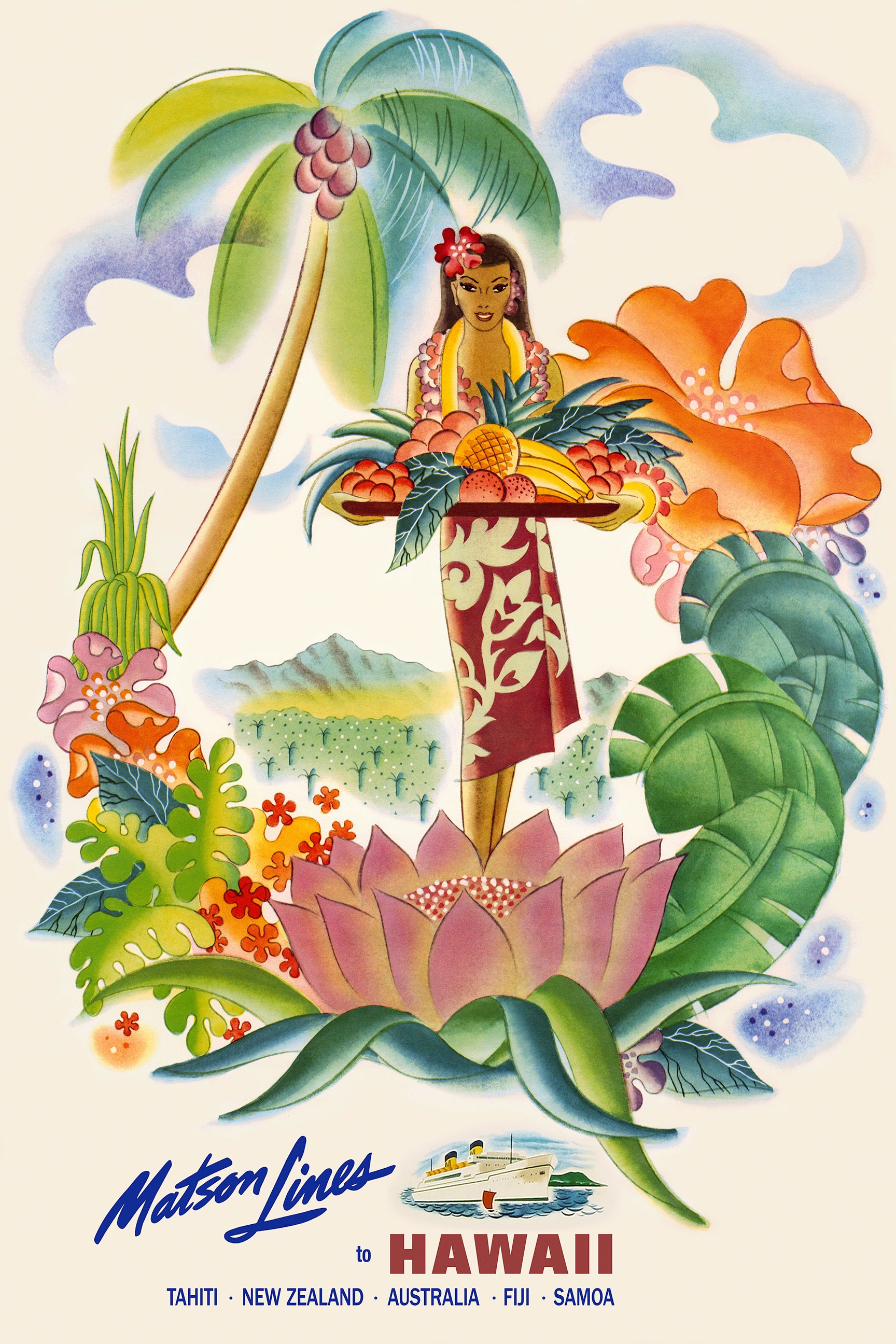 マトソンライン　メニュー　絵画　ポスター Tropical Fruit Platter, Matson Lines Hawaii Travel Poster, 1950s