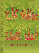 Load image into Gallery viewer, Colorful illustration of green patterned background and four scenes of native islanders engaged in various activities of holding fruits, dancing, fishing, and cooking. The word “wines” is written at the bottom.