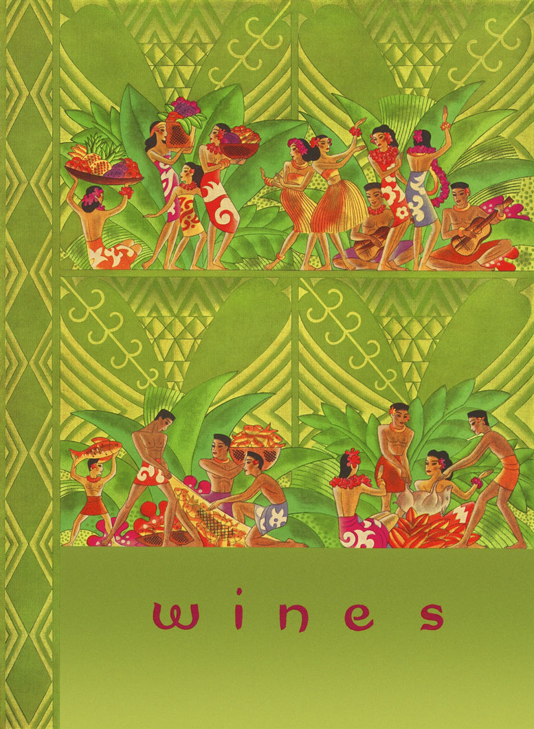 Colorful illustration of green patterned background and four scenes of native islanders engaged in various activities of holding fruits, dancing, fishing, and cooking. The word “wines” is written at the bottom.