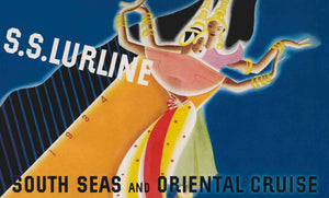 Colorful Frank McIntosh brochure cover art of 2 women dressed in traditional southeast asian clothing. Written text “S.S.Lurline, 1934, South Seas and Oriental Cruise”.
