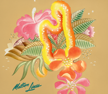 Load image into Gallery viewer, Colorful illustration with beige background, pink and orange flowers, green leaves, and a yellow and orange lei. “Matson Lines” written at bottom left corner. Artist Frank McIntosh.