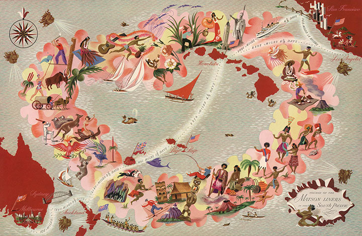 Artist  and colorful illustration of Matson Liners cruise route in the South Pacific map featuring a pink flower lei featuring images of native people, plants, animals, homes and boats.