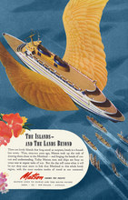 Load image into Gallery viewer, Matson Lines Hawaii travel advertisement featuring aerial view of cruise ship on a blue ocean with large golden wings protruding from either side of the ship. Behind the ship trail several smaller boats.