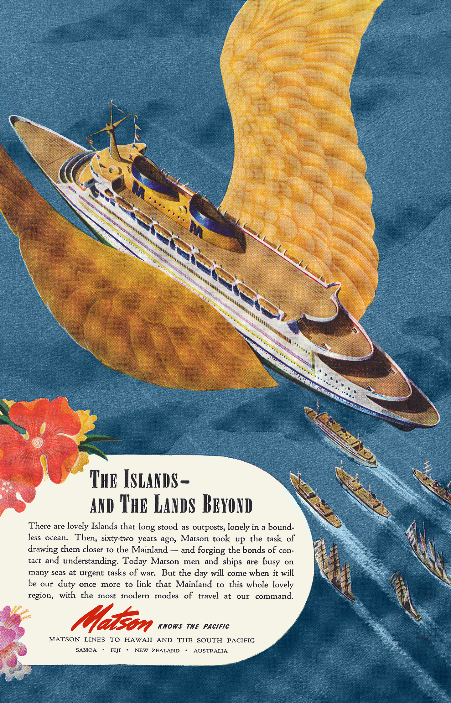 Matson Lines Hawaii travel advertisement featuring aerial view of cruise ship on a blue ocean with large golden wings protruding from either side of the ship. Behind the ship trail several smaller boats.