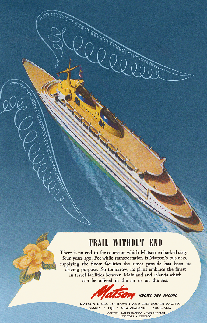 Matson Lines advertisement featuring aerial view of a cruise ship on blue water and two white wings on either side of the ship.