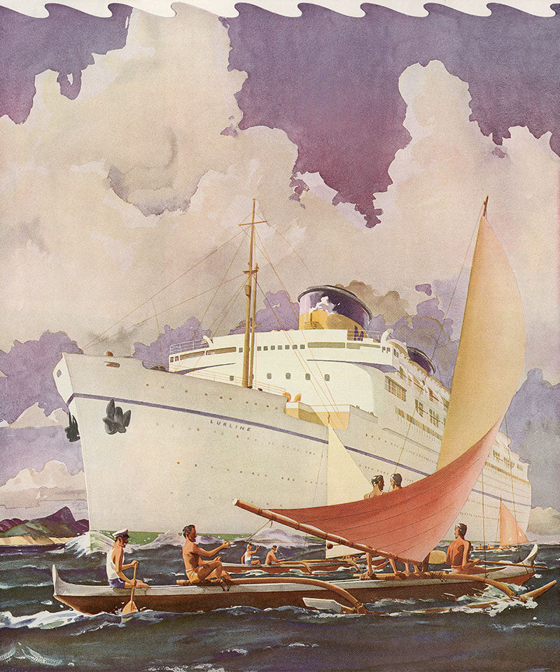 Muted color painting of the Matson Line cruise ship, Lurline, sailing on the ocean passing several outrigger canoes in the water.