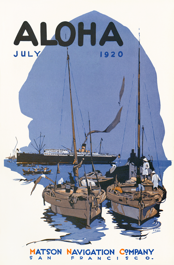 The words Aloha, July 1920 at the top. One large cruise ship in the background, a small rowboat in front of it, and two sailboats without the 