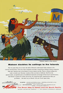 Matson Lines travel advertisement to Hawaii and the South Pacific  with a colorful illustration of two hula dancers in grass skirts and red flower leis dancing in front of a large white cruise ship.