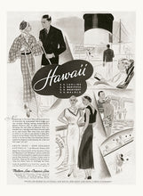 Load image into Gallery viewer, Ruth Sigrid Grafstrom black and white illustrated vintage Matson Line Hawaii travel advertisement featuring fashionably dressed couples aboard a cruise ship.