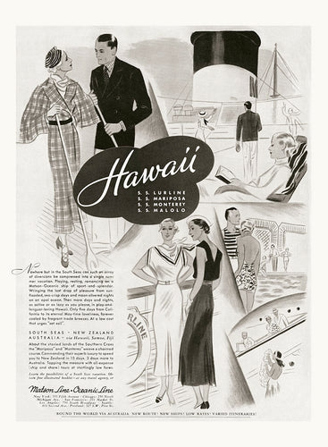 Ruth Sigrid Grafstrom black and white illustrated vintage Matson Line Hawaii travel advertisement featuring fashionably dressed couples aboard a cruise ship.
