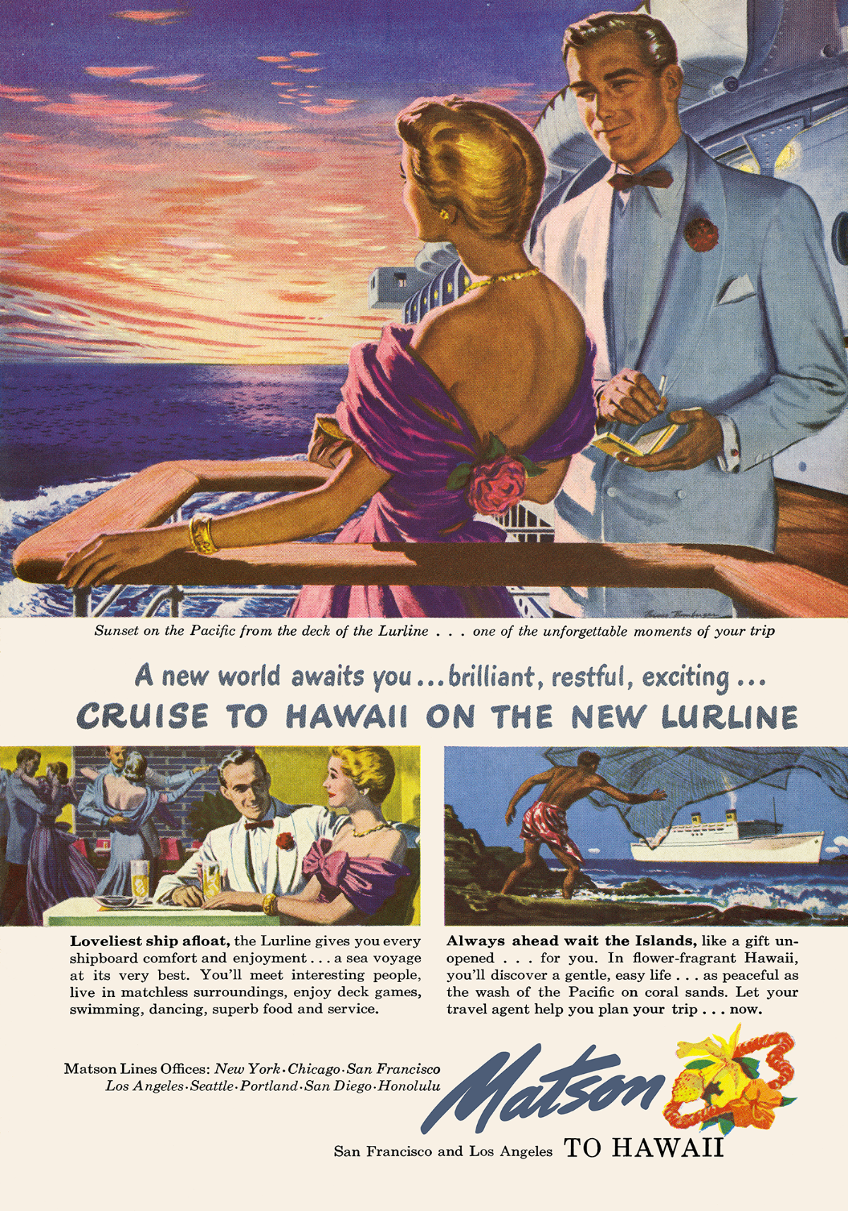 Matson cruise line travel ad to Hawaii featuring a man in white formal evening jacket and a woman in a formal purple dress enjoying the sunset on the Lurline ship deck.