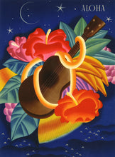 Load image into Gallery viewer, Vibrant and colorful illustration of an ukulele set against a background of a starry night and tropical flowers and fruits. 