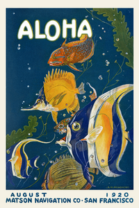 Magazine cover art with tropical fish in a blue ocean. "Aloha" at the top and "August 1920, Matson Navigation Co. San Francisco at the bottom.