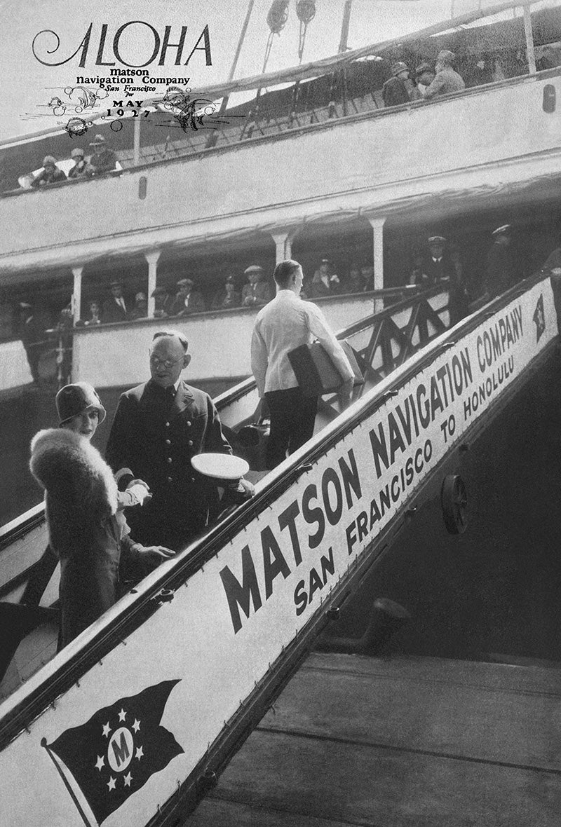 Black and white photo of 3 people walking up gangplank to cruise ship. 