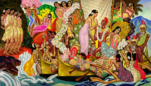 Load image into Gallery viewer, Colorful artwork depicting Hawaiian natives in a variety of activities. Features flower leis and outrigger canoes.  Painting by Eugene Savage.