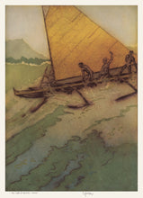 Load image into Gallery viewer, Watercolor painting of four men in an outrigger canoe with an orange colored sail riding a wave.