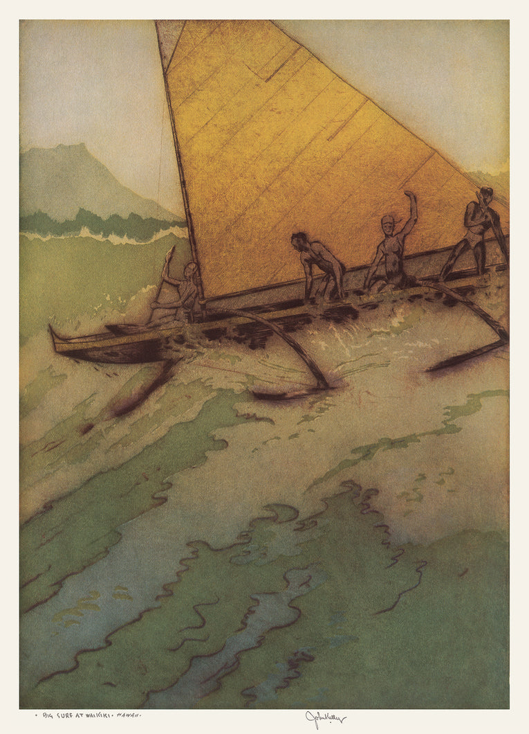 Watercolor painting of four men in an outrigger canoe with an orange colored sail riding a wave.