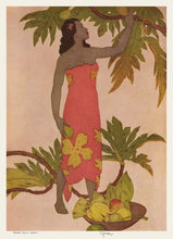 Load image into Gallery viewer, Colorful menu cover art of a native Hawaiian woman in a red sarong picking fruit from a tree. Her basket of fruit is at her feet.