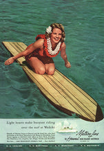 Load image into Gallery viewer, Matson vintage travel ad featuring woman kneeling on surfboard in the ocean wearing one red and one white flower lei and a white flower in her hair. 