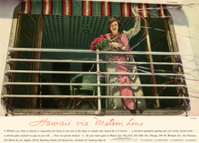Load image into Gallery viewer, Edward Steichen and Matson Lines travel advertisement of a woman holding a bouquet or red roses waving from under the green with red and white striped awning of a patio. She is wearing a red and white striped suit, brown hat with a red feather and a light green overcoat. 