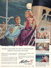 Load image into Gallery viewer, Matson Lines to Hawaii vintage travel ad featuring an image of a man and woman in evening formal dress sitting under a full moon with a cruise ship smokestack marked with an &quot;M&quot; behind them. Three smaller images of formally dressed guests enjoying various cruise activities are inset on the page.