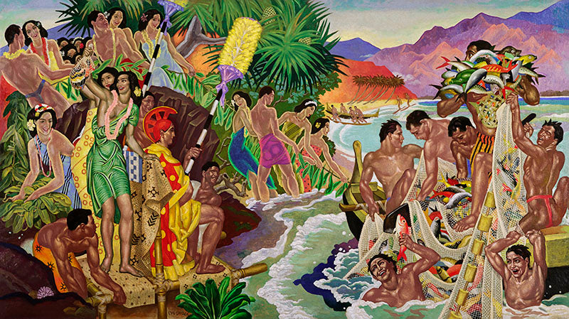 Colorful painted scene of native Hawaiians on land and in the water that highlights various activities of their lives involving the sea and fishing. Artist is Eugene Savage. 