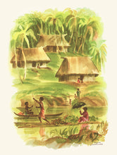 Load image into Gallery viewer, Watercolor scene of an island village with three grass-roof huts set among tropical trees. A woman in red holds an umbrella over herself as a boy rows her raft on the water while another man in a rowboat passes them.