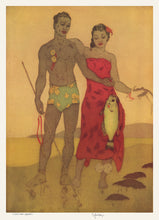 Load image into Gallery viewer, Menu cover art of a native Hawaiian man in shorts holding a fish on a line in front of a native Hawaiian woman in  a red sarong who is also holding a small shark. Artist is John Kelly.