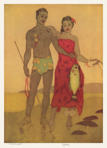 Menu cover art of a native Hawaiian man in shorts holding a fish on a line in front of a native Hawaiian woman in  a red sarong who is also holding a small shark. Artist is John Kelly.