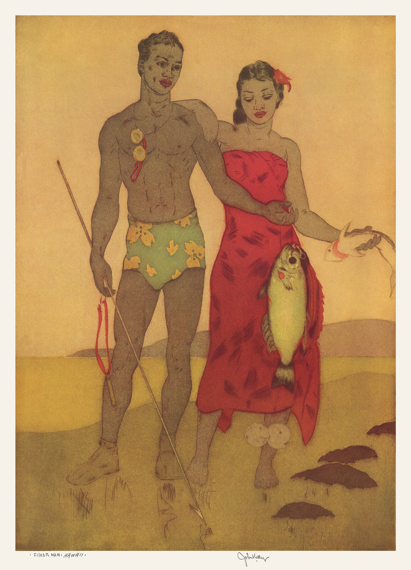 Menu cover art of a native Hawaiian man in shorts holding a fish on a line in front of a native Hawaiian woman in  a red sarong who is also holding a small shark. Artist is John Kelly.