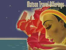 Load image into Gallery viewer, Colorful illustration of a partial ocean and night sky with the profile of a woman holding several large red hibiscus flowers. Text reads “Matson Travel Offerings Hawaii &amp; South Seas”.