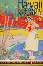 Load image into Gallery viewer, Primary colors stand out on this brochure cover titled &quot;Hawaii Romantic- Beautiful&quot; at the top. Featuring a female hula dancer surrounded by butterflies and a background of Waikiki beach, the ocean, The Royal Hawaiian Hotel and Diamond Head. &quot;Matson Lines from San Francisco ; from Los Angeles&quot; written at the bottom.