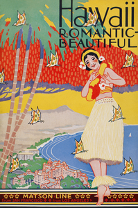 Primary colors stand out on this brochure cover titled "Hawaii Romantic- Beautiful" at the top. Featuring a female hula dancer surrounded by butterflies and a background of Waikiki beach, the ocean, The Royal Hawaiian Hotel and Diamond Head. "Matson Lines from San Francisco ; from Los Angeles" written at the bottom.
