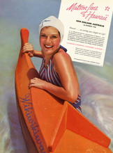Load image into Gallery viewer, Matson Lines  travel ad with woman wearing white bathing cap holding onto the end of an orange canoe.