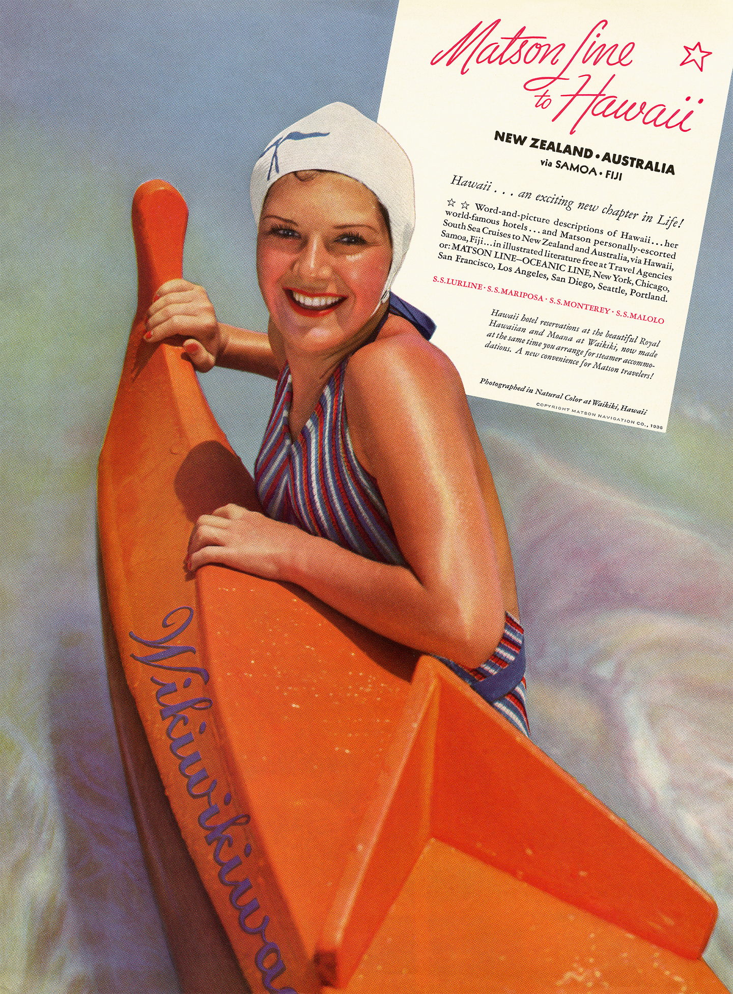 Matson Lines  travel ad with woman wearing white bathing cap holding onto the end of an orange canoe.