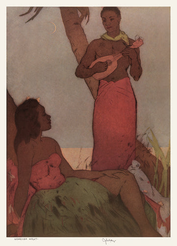 John Kelly painting of a woman wearing a green grass skirt and red strapless top reclining against a palm tree while a man wearing a red sarong and yellow scarf stands and plays an ukulele by moonlight.