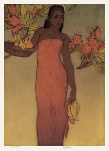 John Kelly painting of an island woman in a red sarong holding a basket of fruit in one arm and bananas in her other hand, standing under a tree.