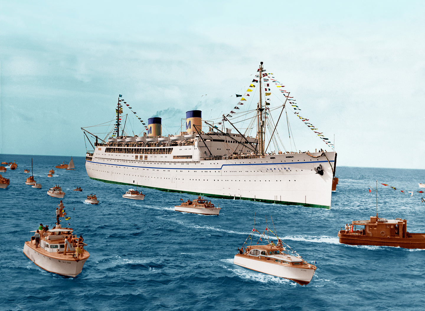 Color photograph of the Matson Line Lurline cruise ship being escorted by many smaller boats on a deep blue ocean and light blue sky background.