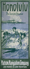 Load image into Gallery viewer, Vintage Hawaii travel brochure cover illustration in blue and white shades, standing halfway upright on a surfboard riding a wave. “Honolulu the Tourist’s Paradise” written at the top, “Matson Navigation Company 268 Market St., San Francisco” written at the bottom.