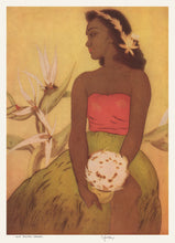 Load image into Gallery viewer, Hawaiian hula dancer sitting next to a bird of paradise plant wearing a green skirt and red strapless top and holding a feather gourd. Artist John Kelly.