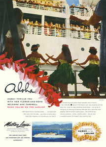 Matson Lines travel advertisement featuring hula dancers in green grass skirts performing from a dock for a crowd of people standing on the decks of a cruise ship.