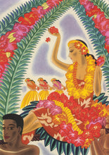Load image into Gallery viewer, Colorful scene of a woman in a red dress sitting and holding red flowers wearing leis of red and gold and 3 hula dancers in gold skirts in the background. Artist Frank McIntosh.