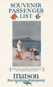 "Souvenir passenger list" written at top. Two tropical fish pictures on either side of the word "list". In the middle is an illustration of three children playing on Waikiki Beach with Diamond Head crater in Hawaii. Text below the image: "Children thrive in HAWAII. Summer and winter they play in the sand and splash in Waikiki's velvet water. Kiddies grow there like flowers. Matson Navigation Company written below.