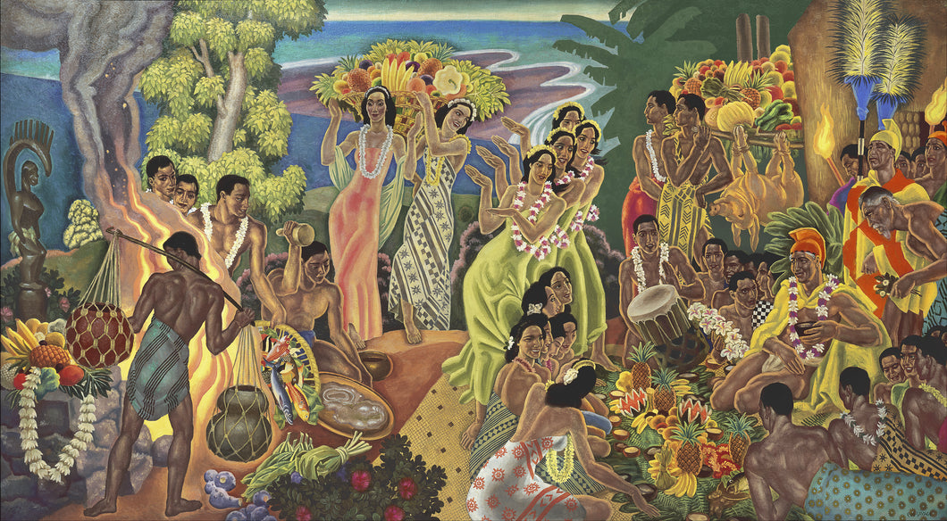 Colorful scene of native Hawaiians enjoying a feast of fruits, fish, and roast pig set on a tropical island. Artist Eugene Savage.