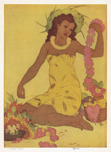 Load image into Gallery viewer, Vintage menu cover art by John Kelly of a Hawaiian woman in a yellow sarong and yellow flower lei, sitting and holding up an uncompleted pink flower lei. She is surrounded by bowls of flowers. 