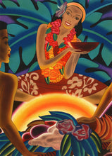 Load image into Gallery viewer, Colorful art by Frank McIntosh of a Hawaiian feast featuring a woman holding a bowl, wearing a red dress and multiple flower leis sitting in front of a feast.